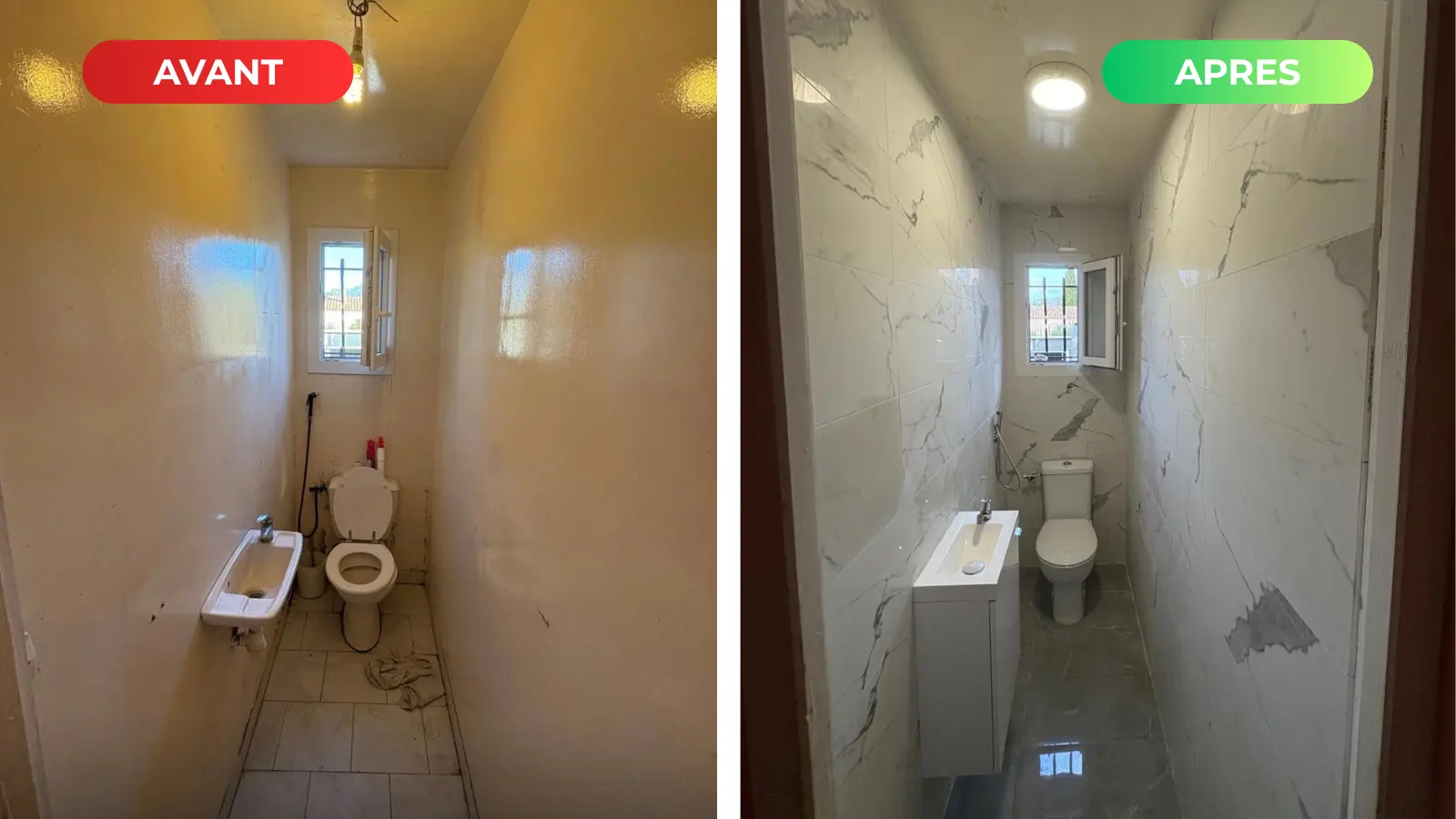 Comparaison avant-après rénovation complète de toilettes dans le Gard par IBH30 : de l'ancien au moderne avec carrelage effet marbre blanc et meuble vasque.